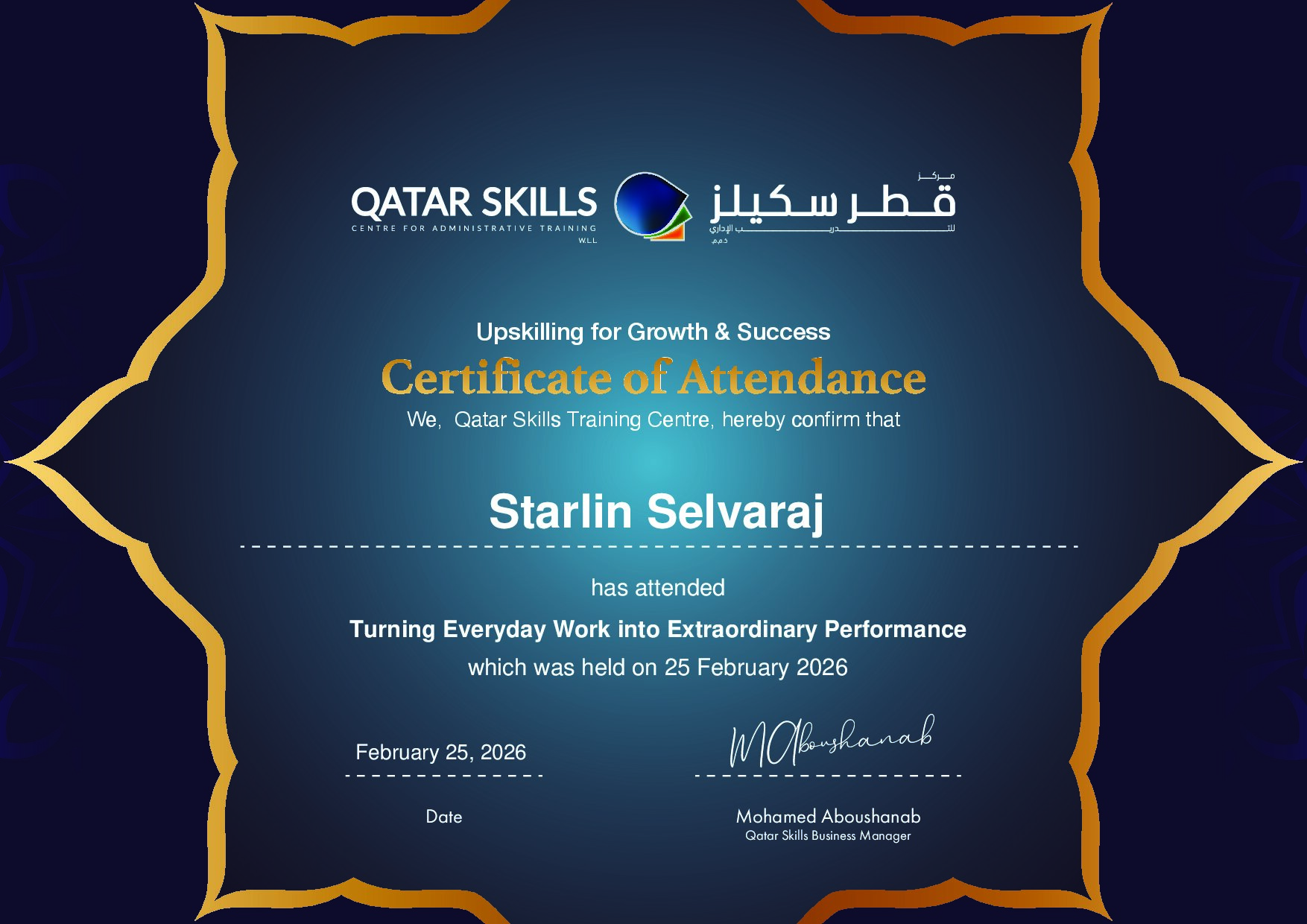 Certificate for Starlin Selvaraj