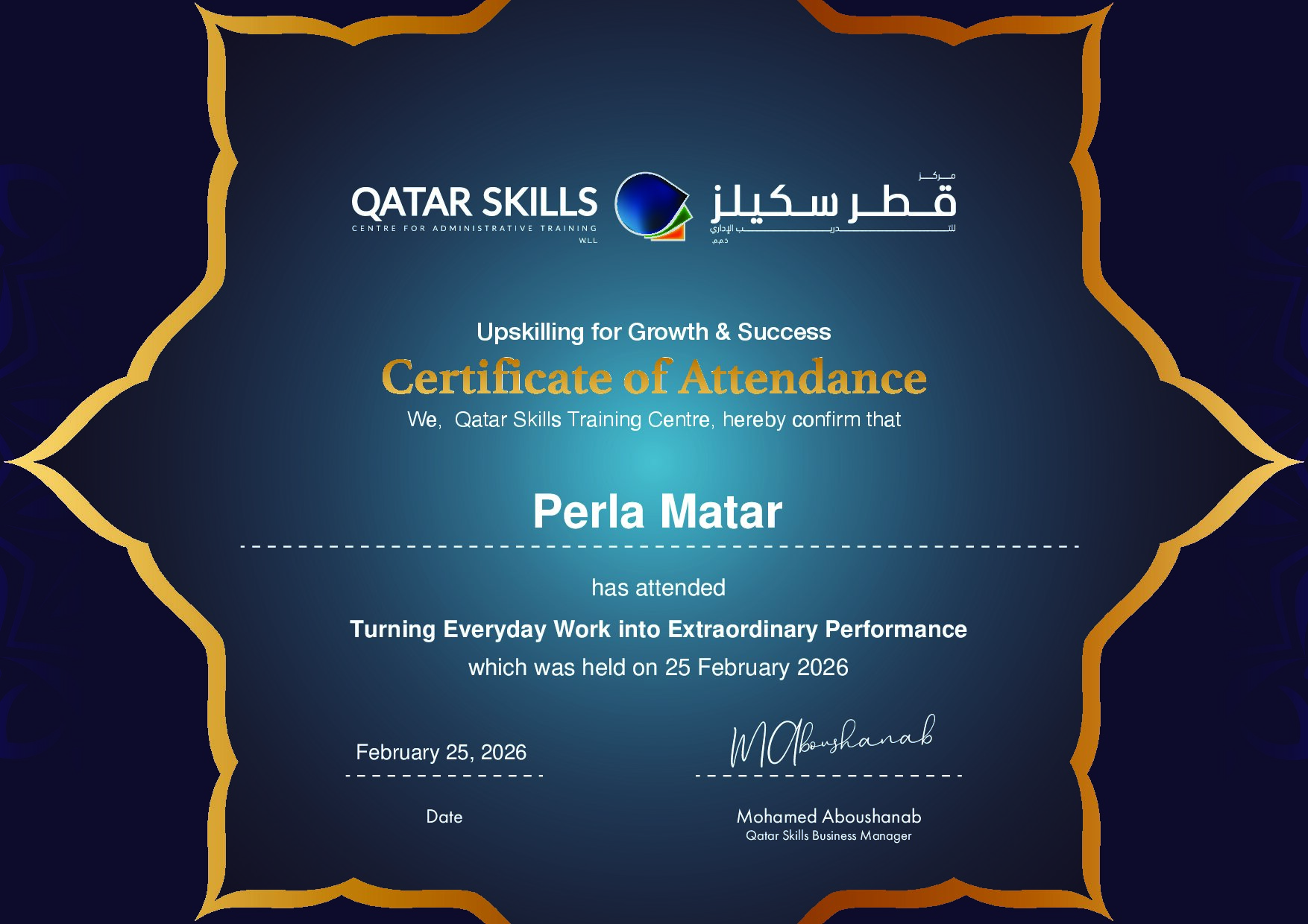Certificate for Perla Matar