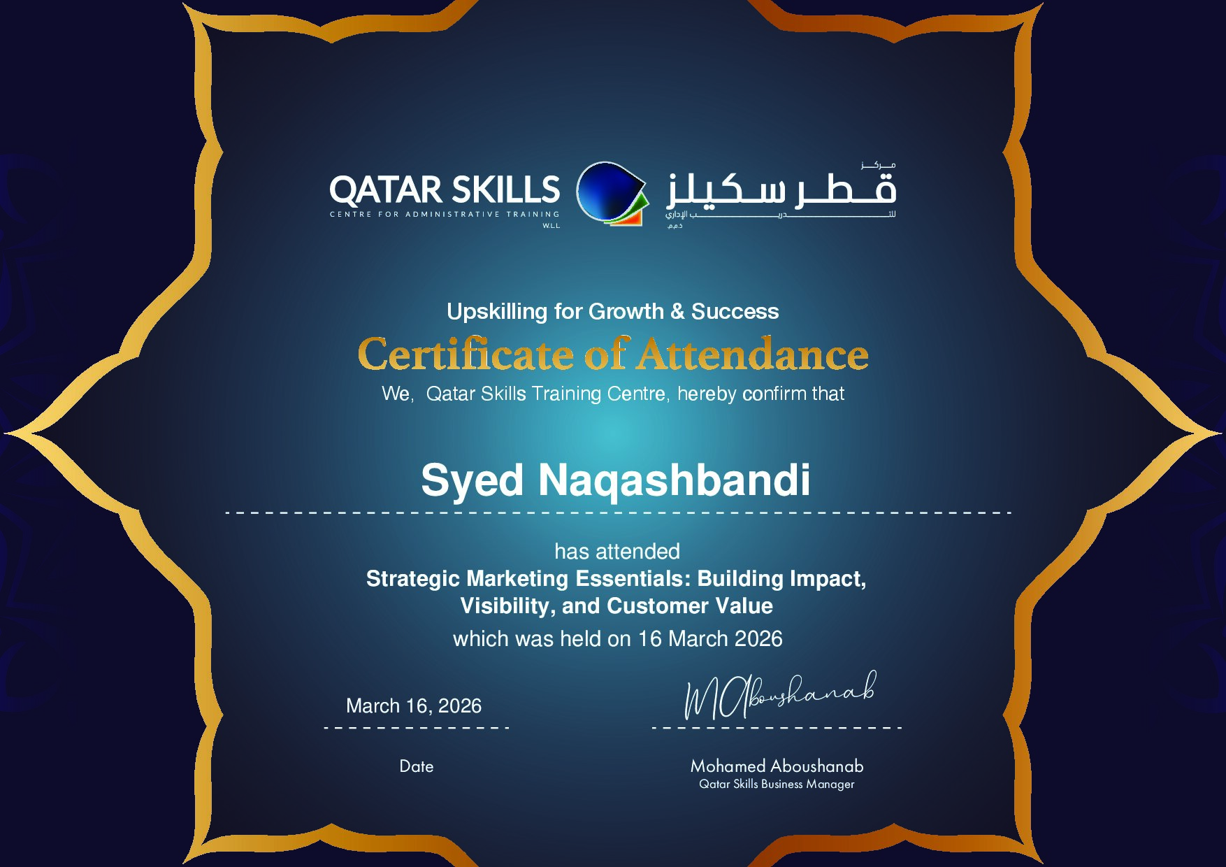 Certificate for Syed Naqashbandi