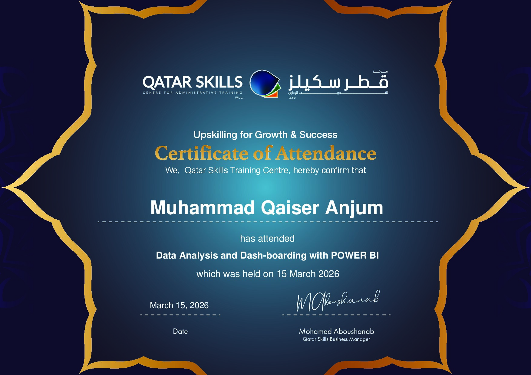Certificate for Muhammad Qaiser Anjum