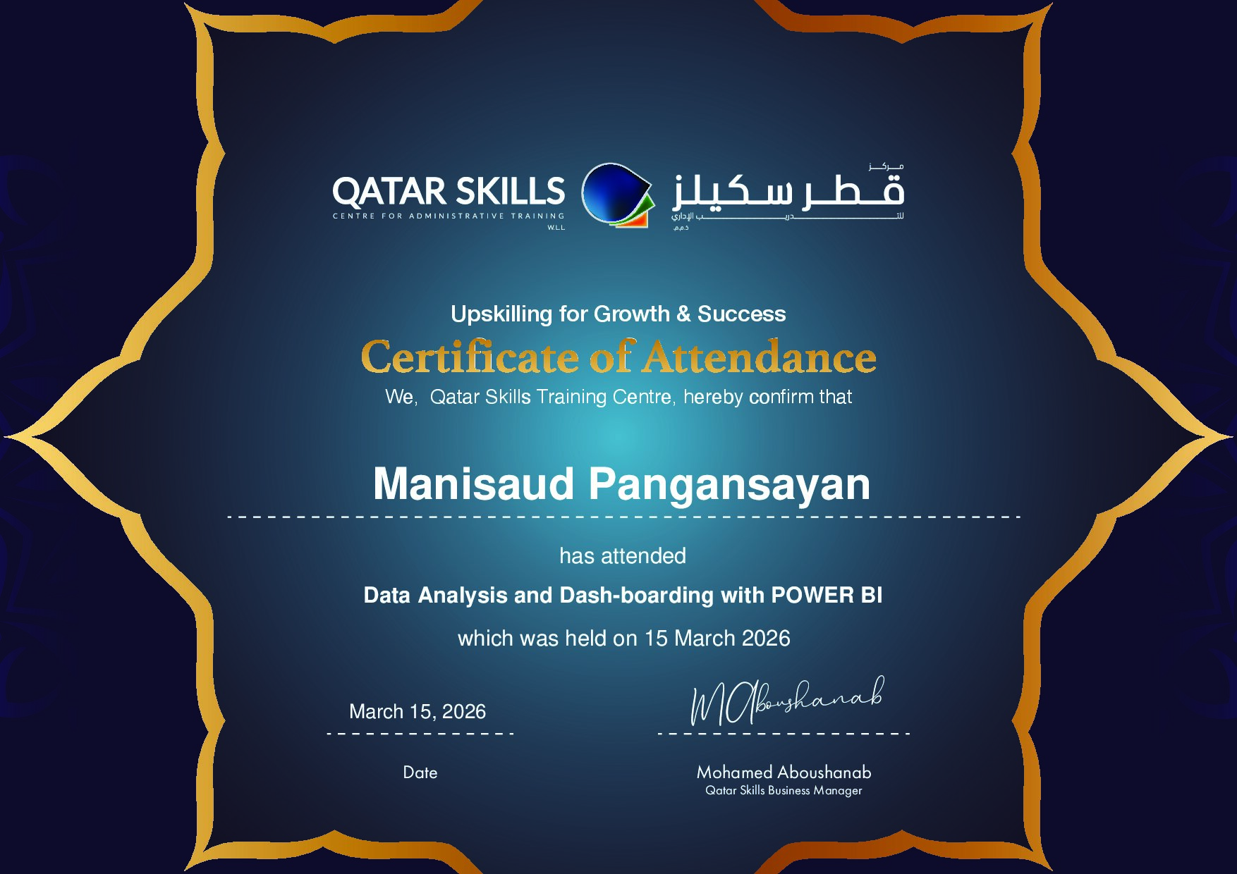 Certificate for Manisaud Pangansayan