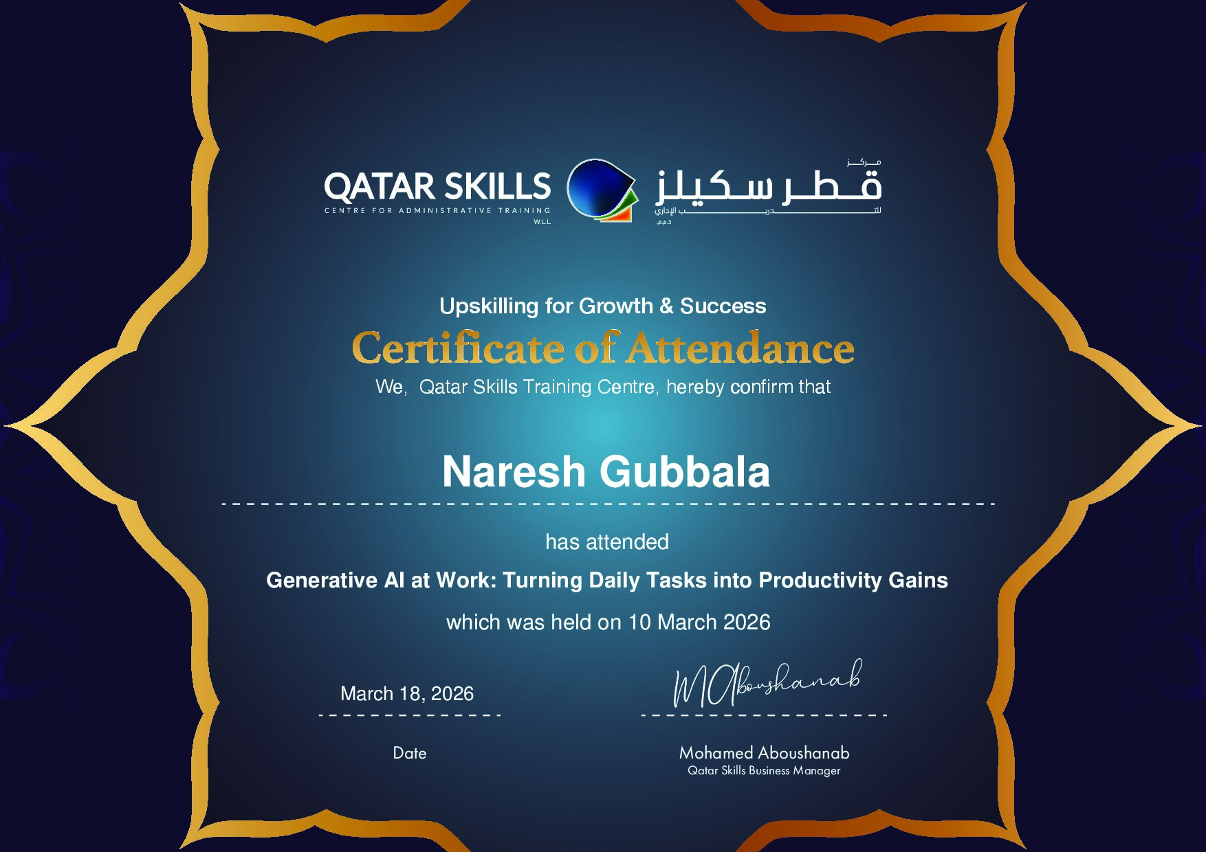 Certificate for Naresh Gubbala