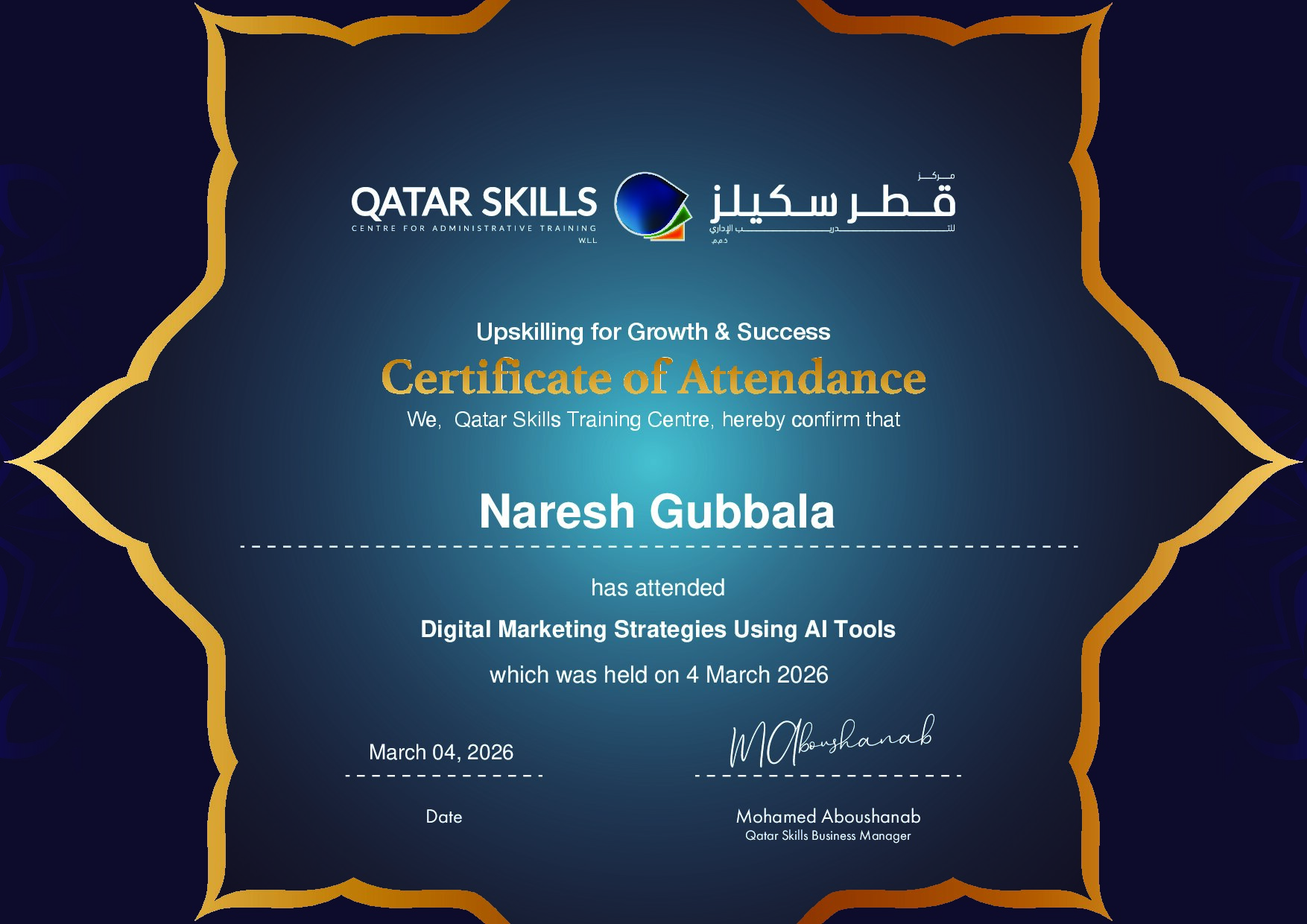 Certificate for Naresh Gubbala