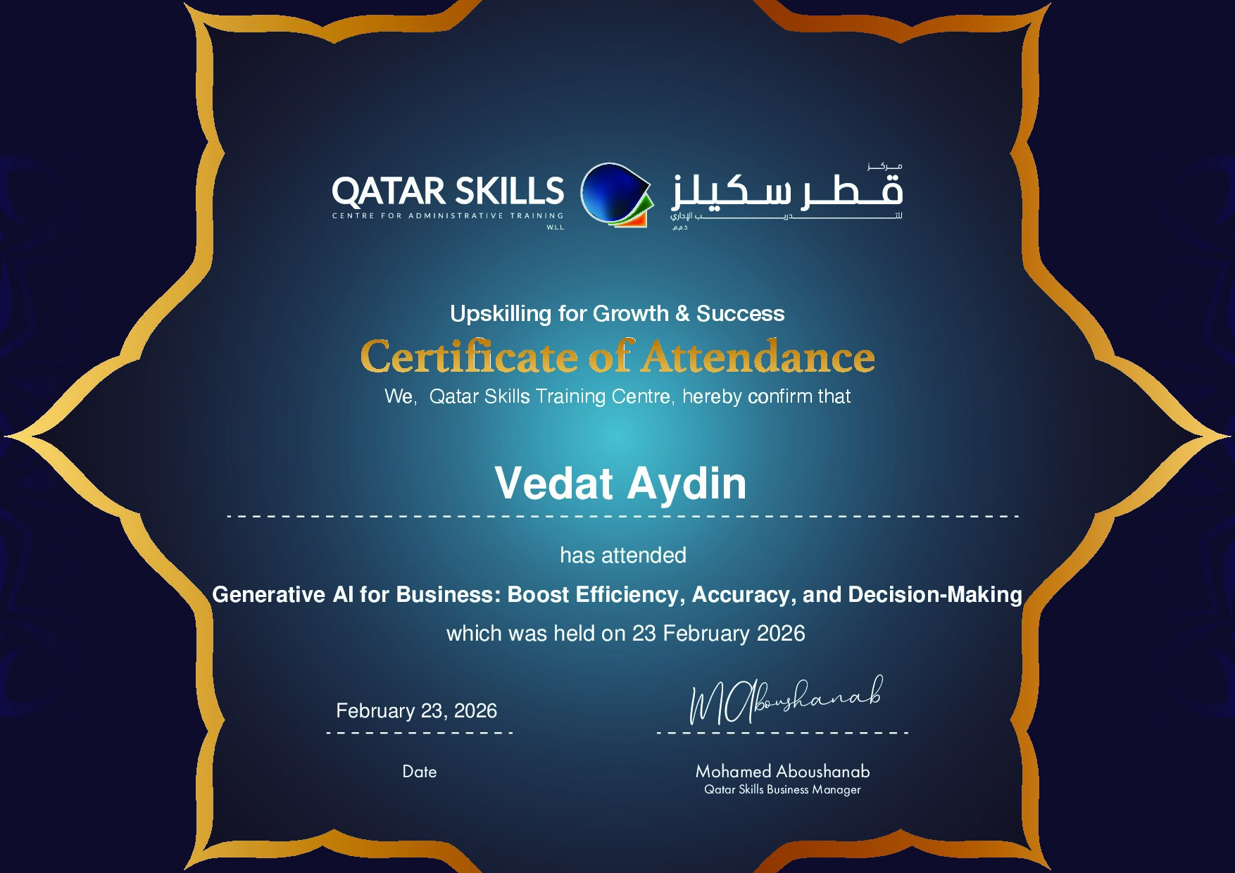 Certificate for Vedat Aydin
