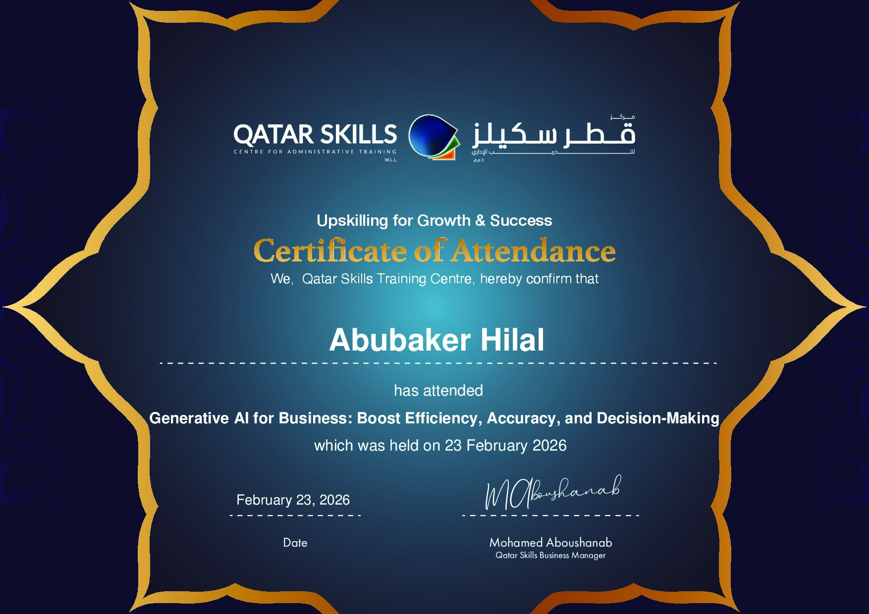 Certificate for Abubaker Hilal
