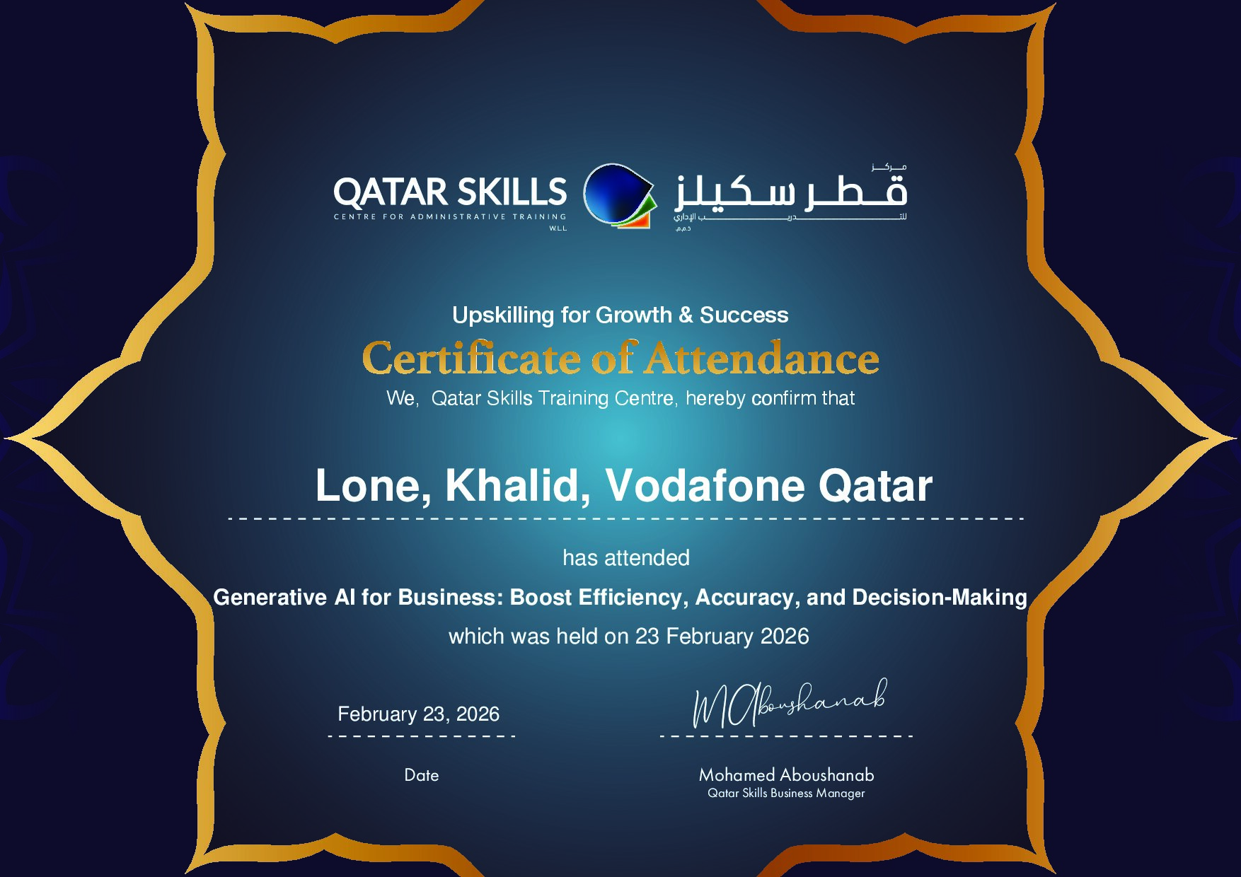 Certificate for Lone, Khalid, Vodafone Qatar