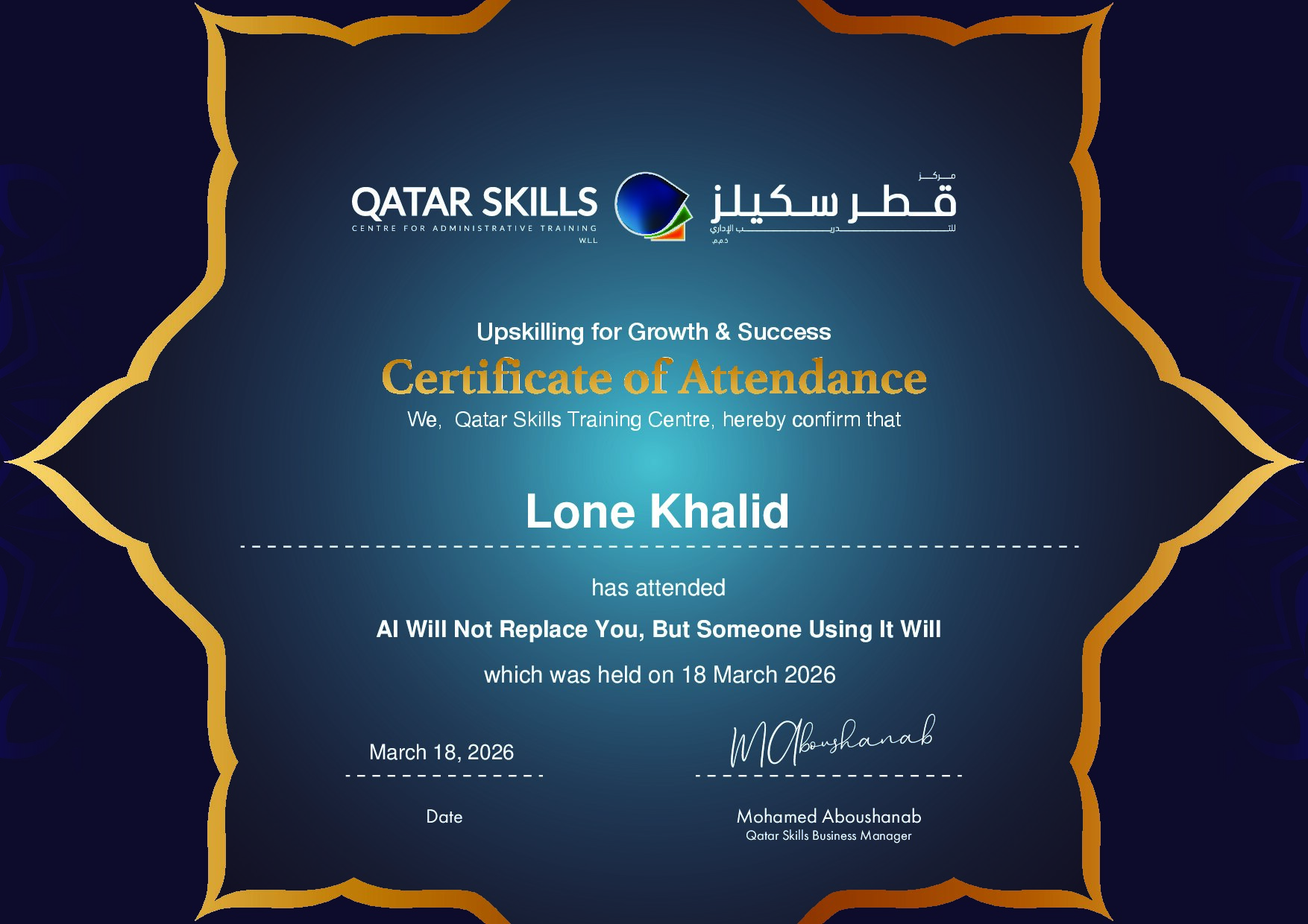 Certificate for Lone Khalid