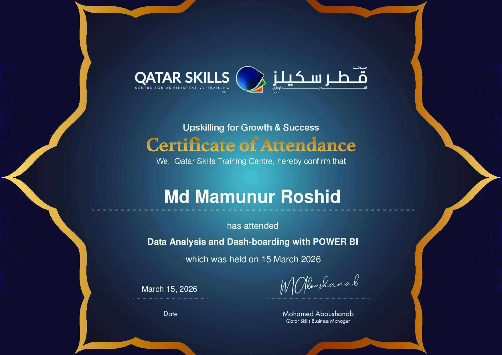 Certificate for Md Mamunur Roshid