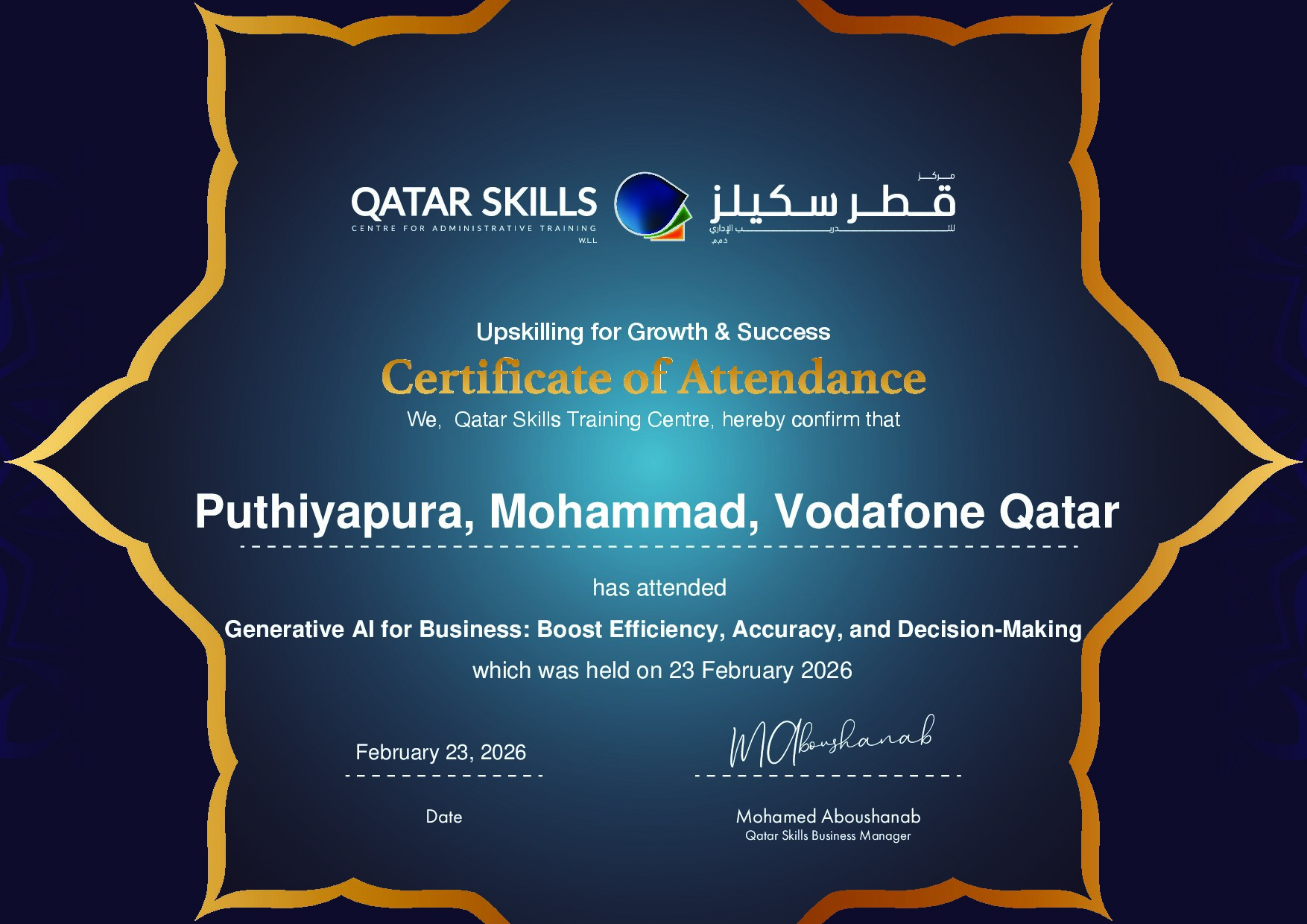 Certificate for Puthiyapura, Mohammad, Vodafone Qatar