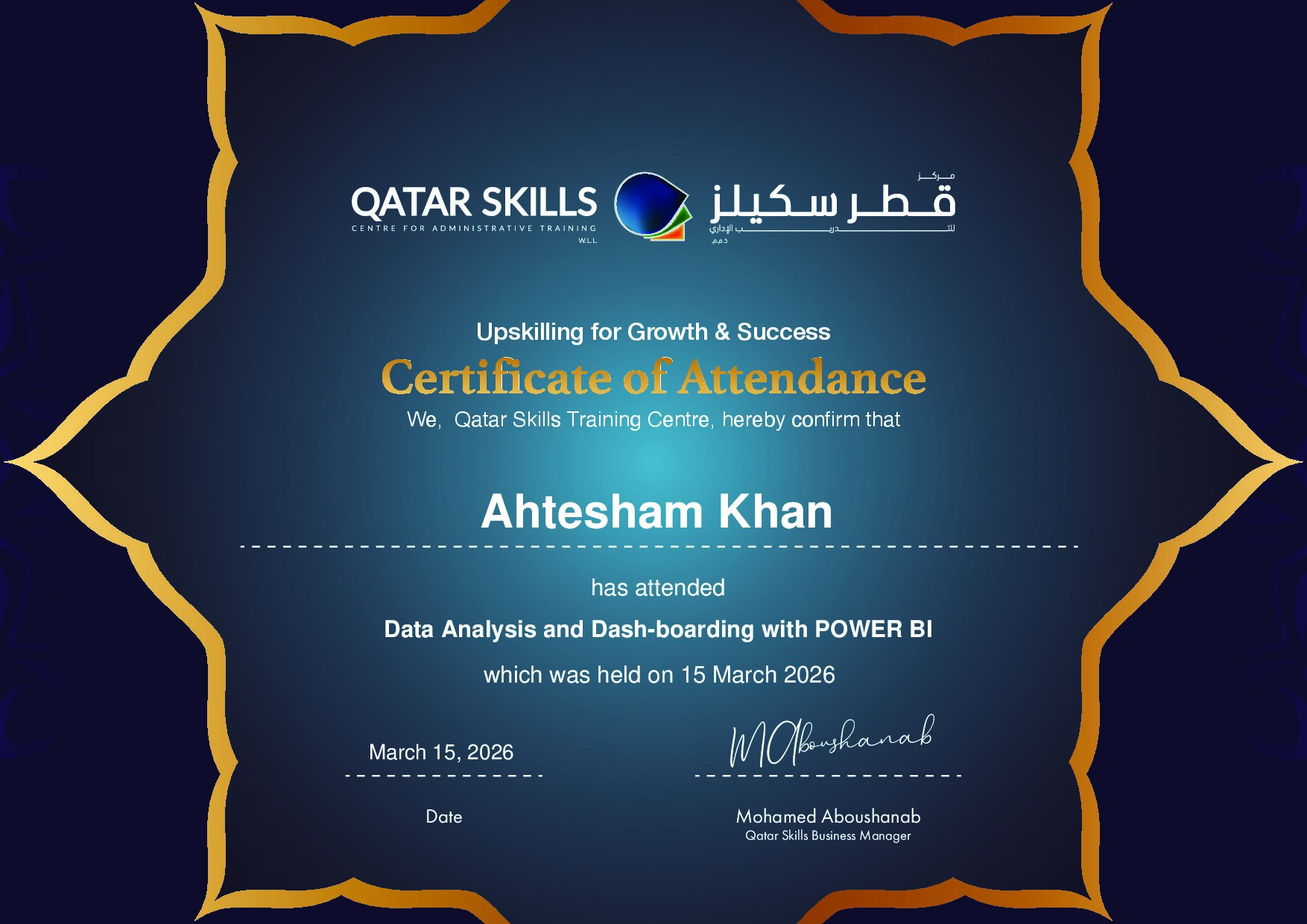 Certificate for Ahtesham Khan