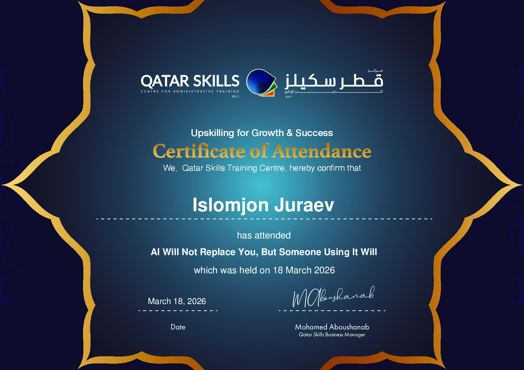 Certificate for Islomjon Juraev