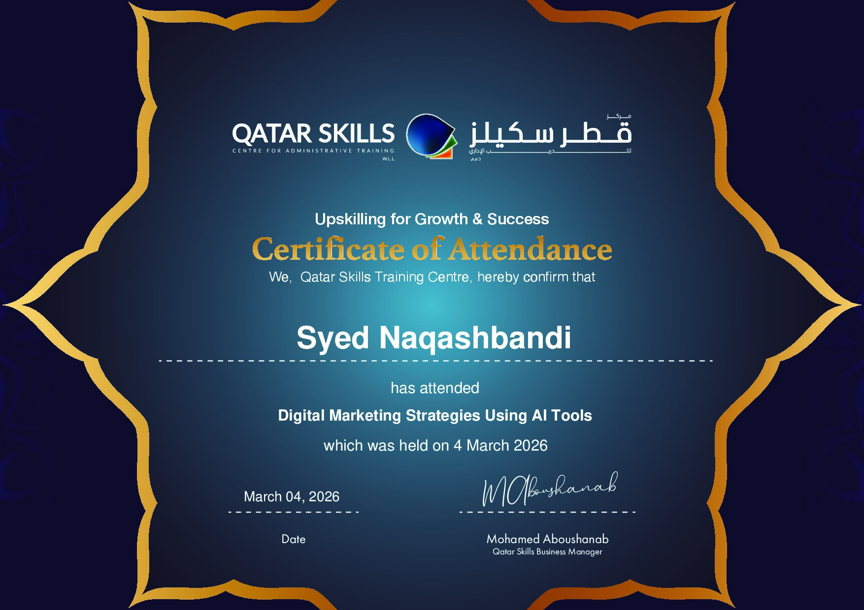 Certificate for Syed Naqashbandi