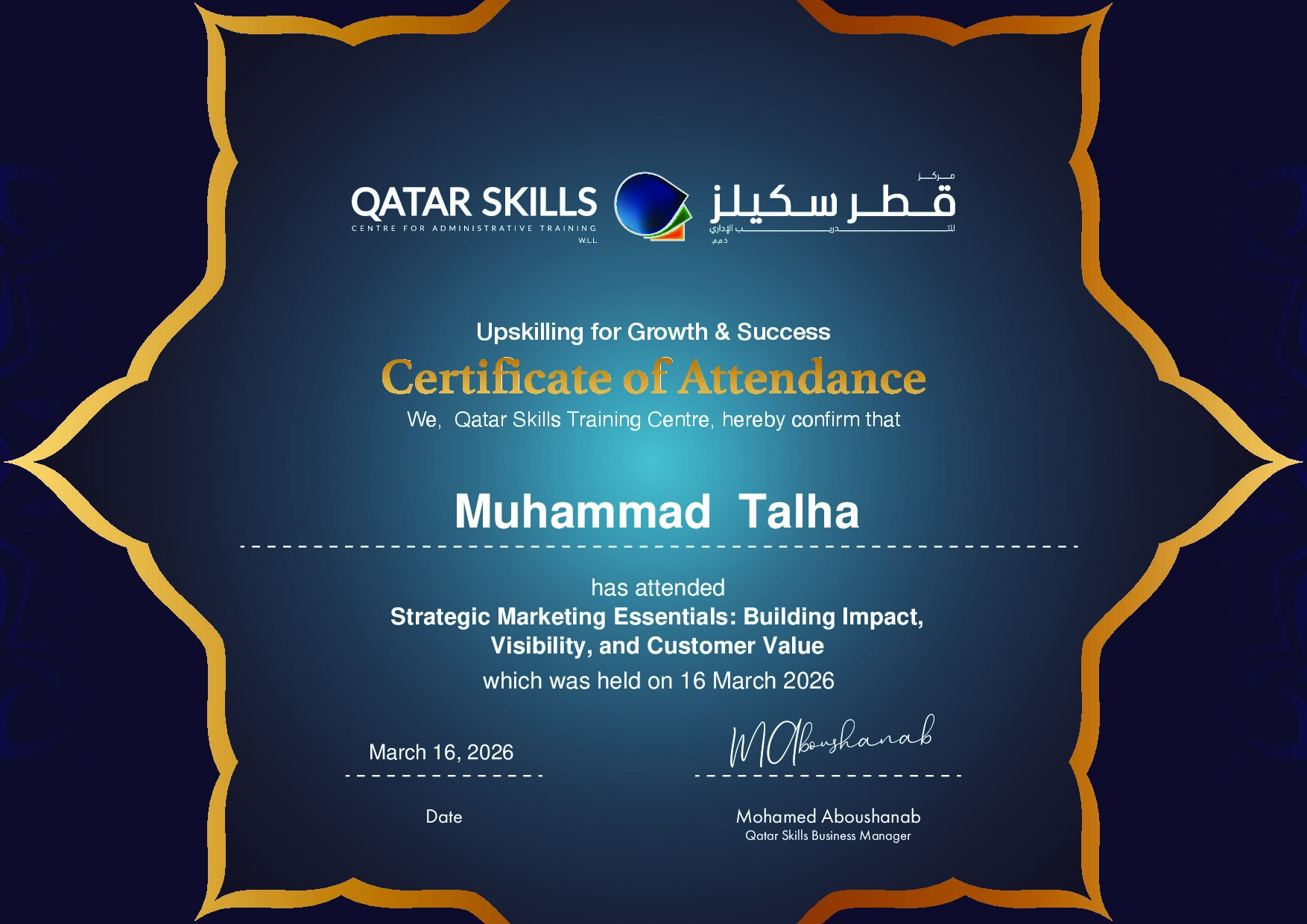 Certificate for Muhammad  Talha