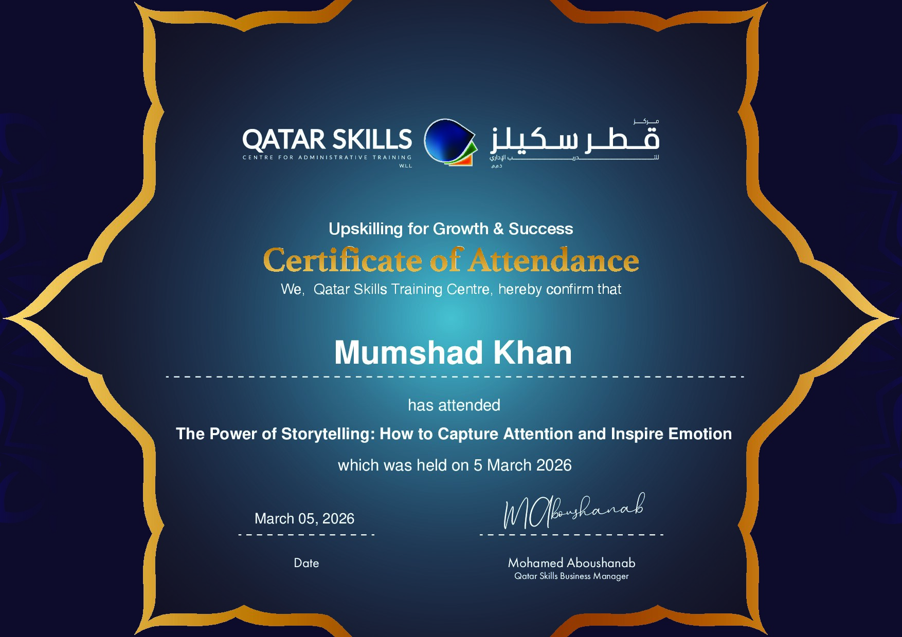 Certificate for Mumshad Khan