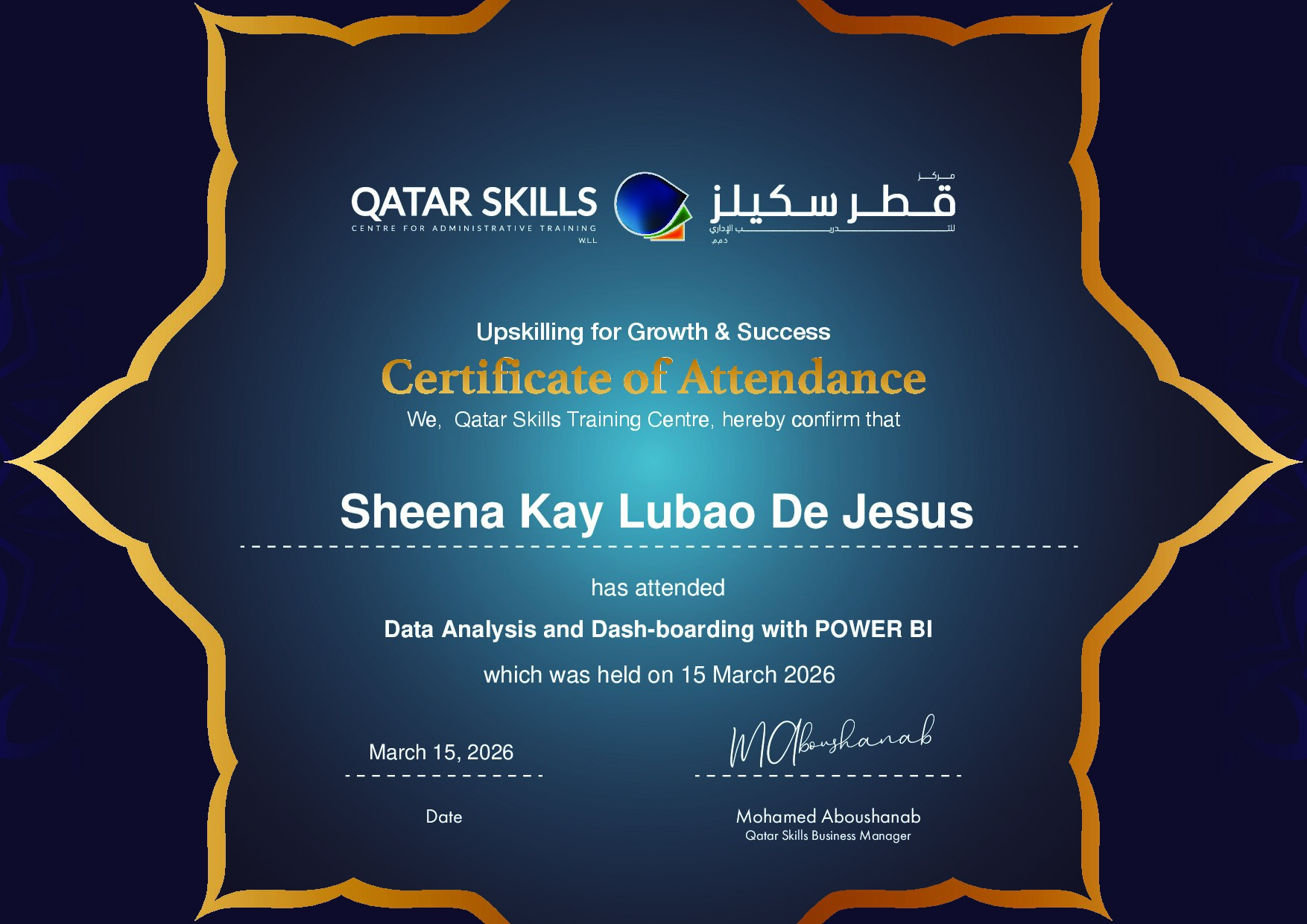 Certificate for Sheena Kay Lubao De Jesus
