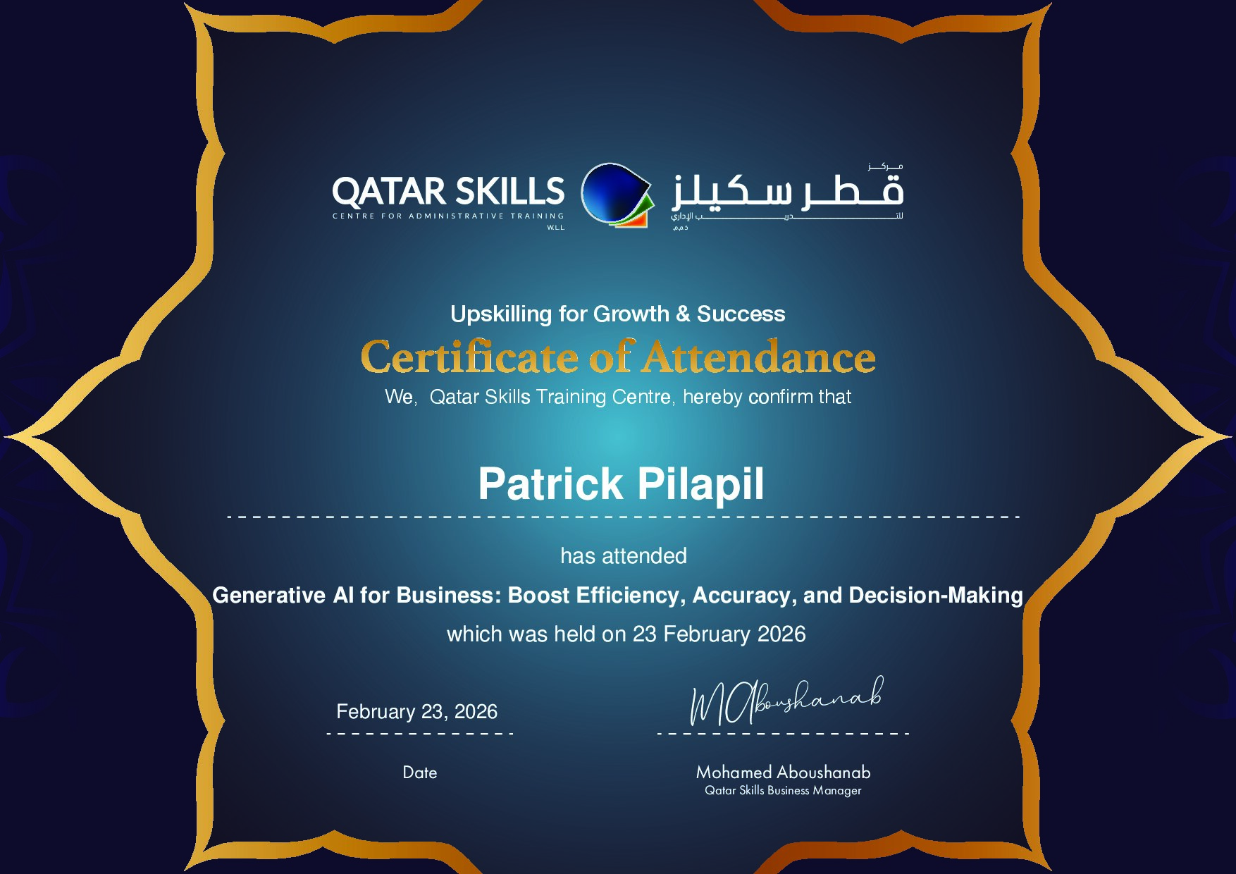 Certificate for Patrick Pilapil