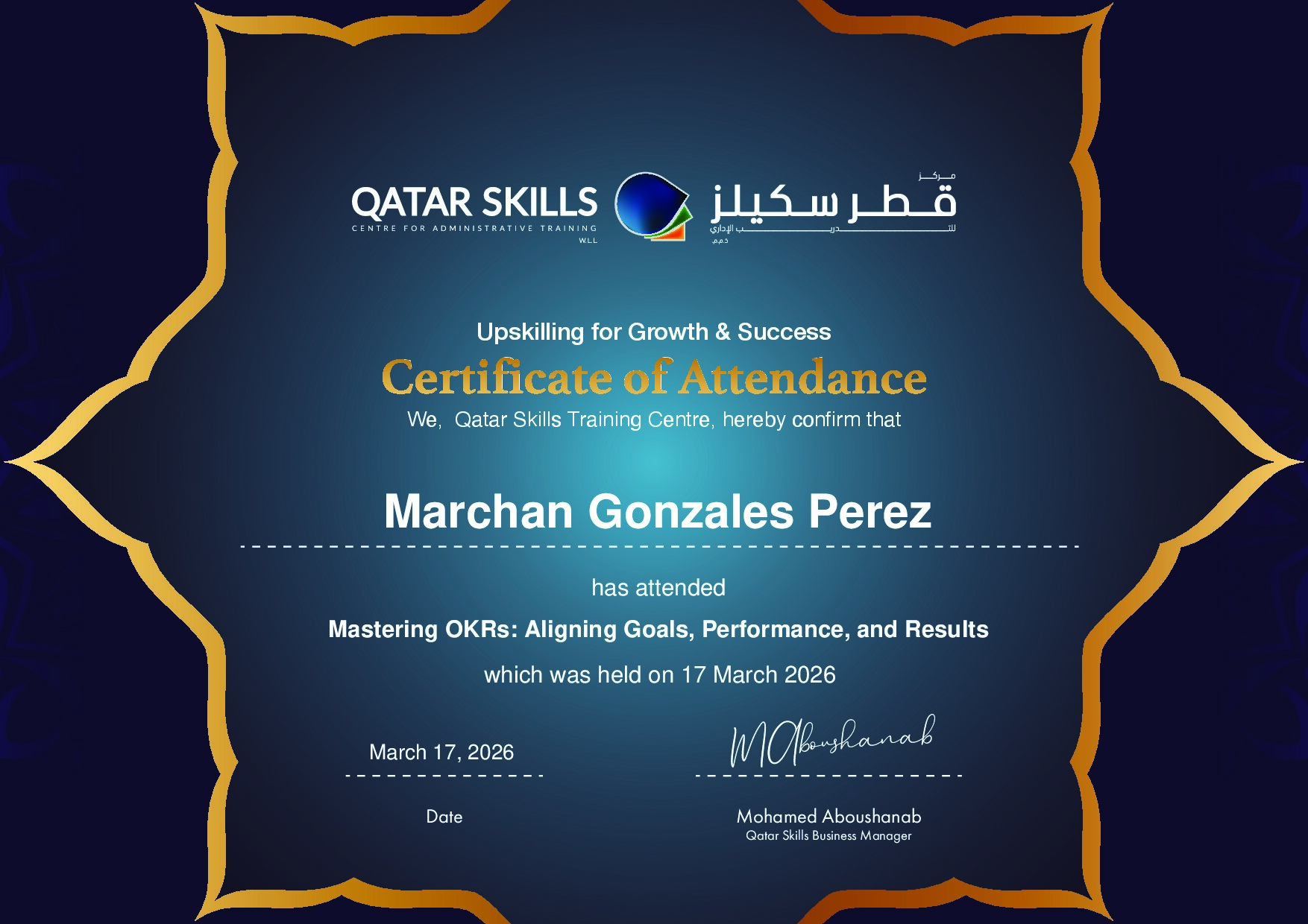 Certificate for Marchan Gonzales Perez