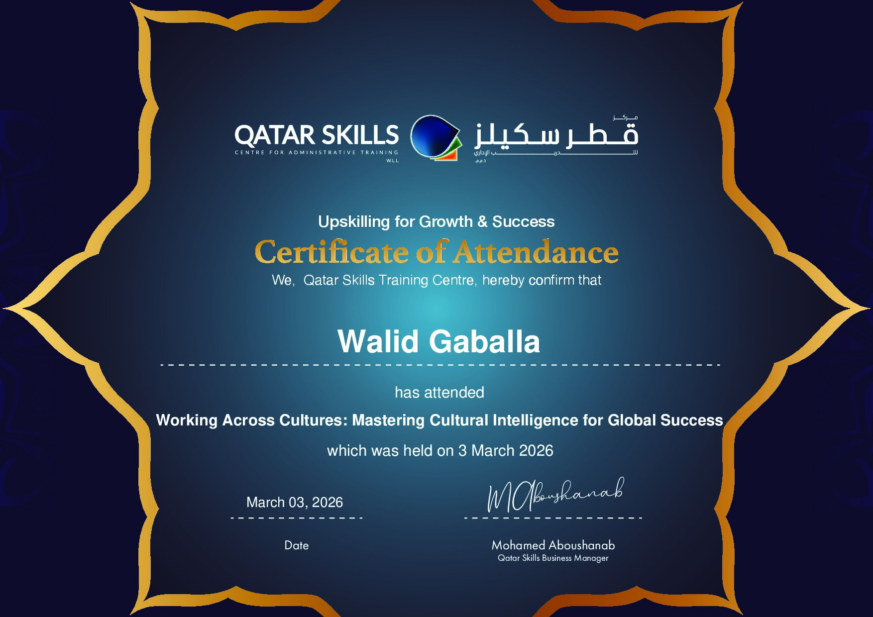 Certificate for Walid Gaballa