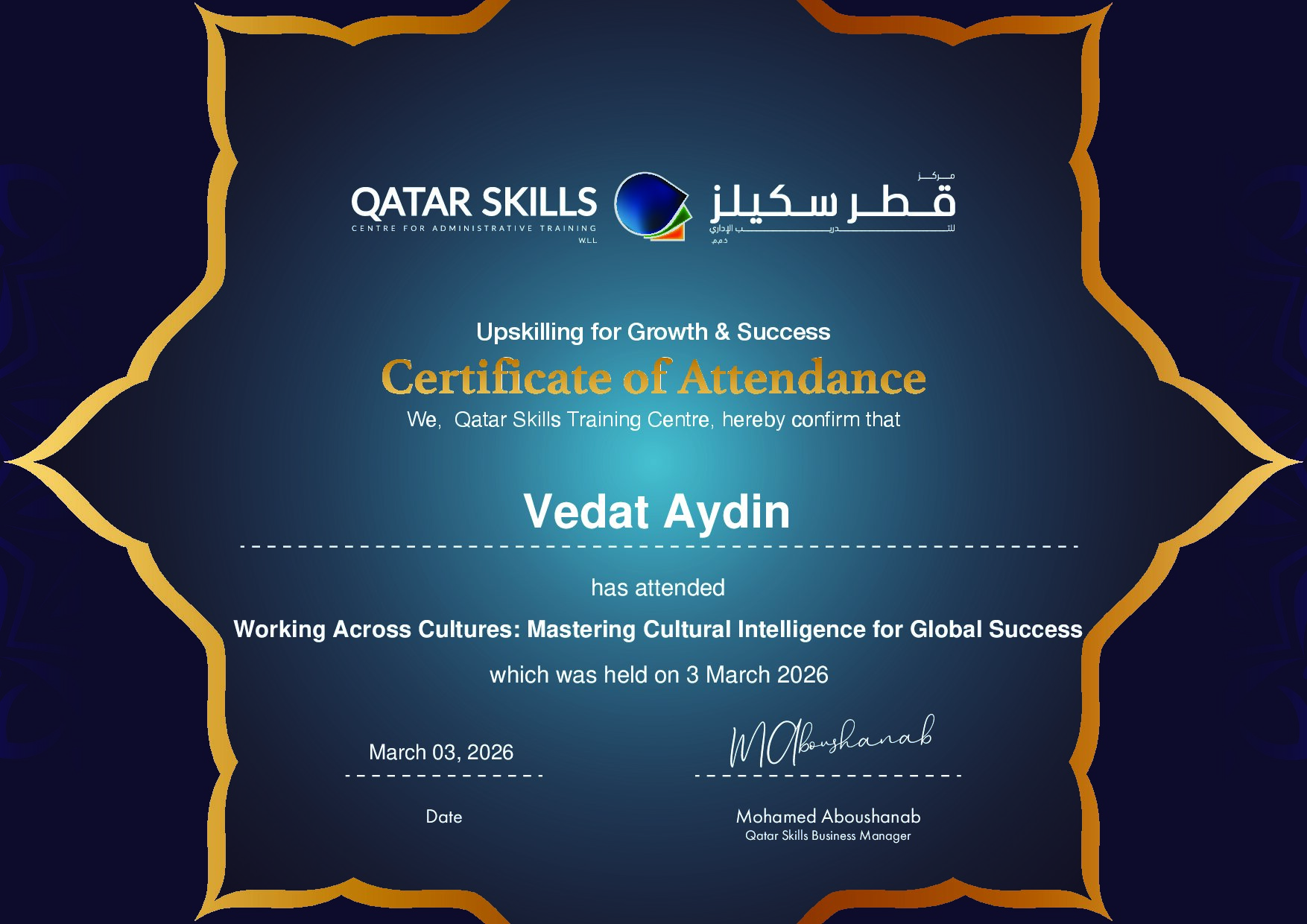 Certificate for Vedat Aydin