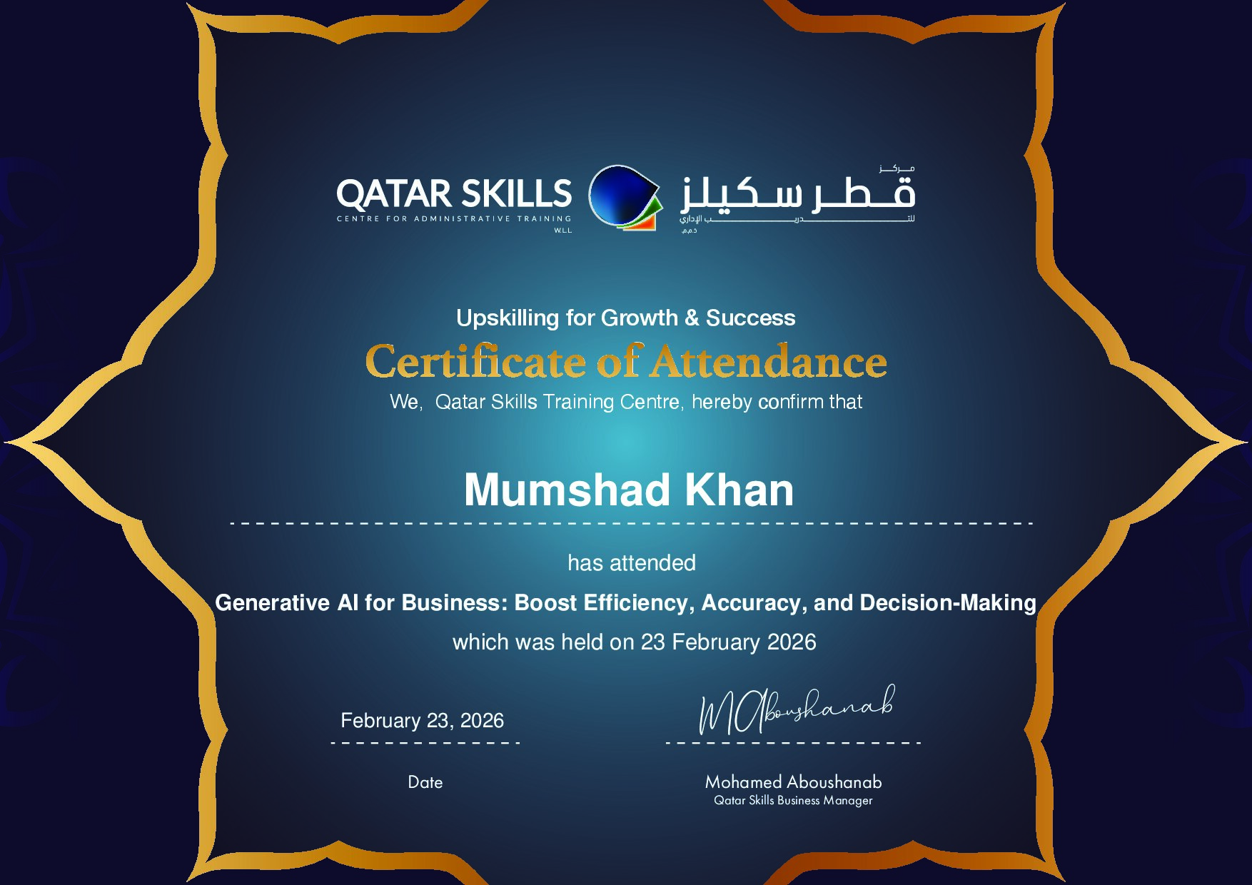Certificate for Mumshad Khan