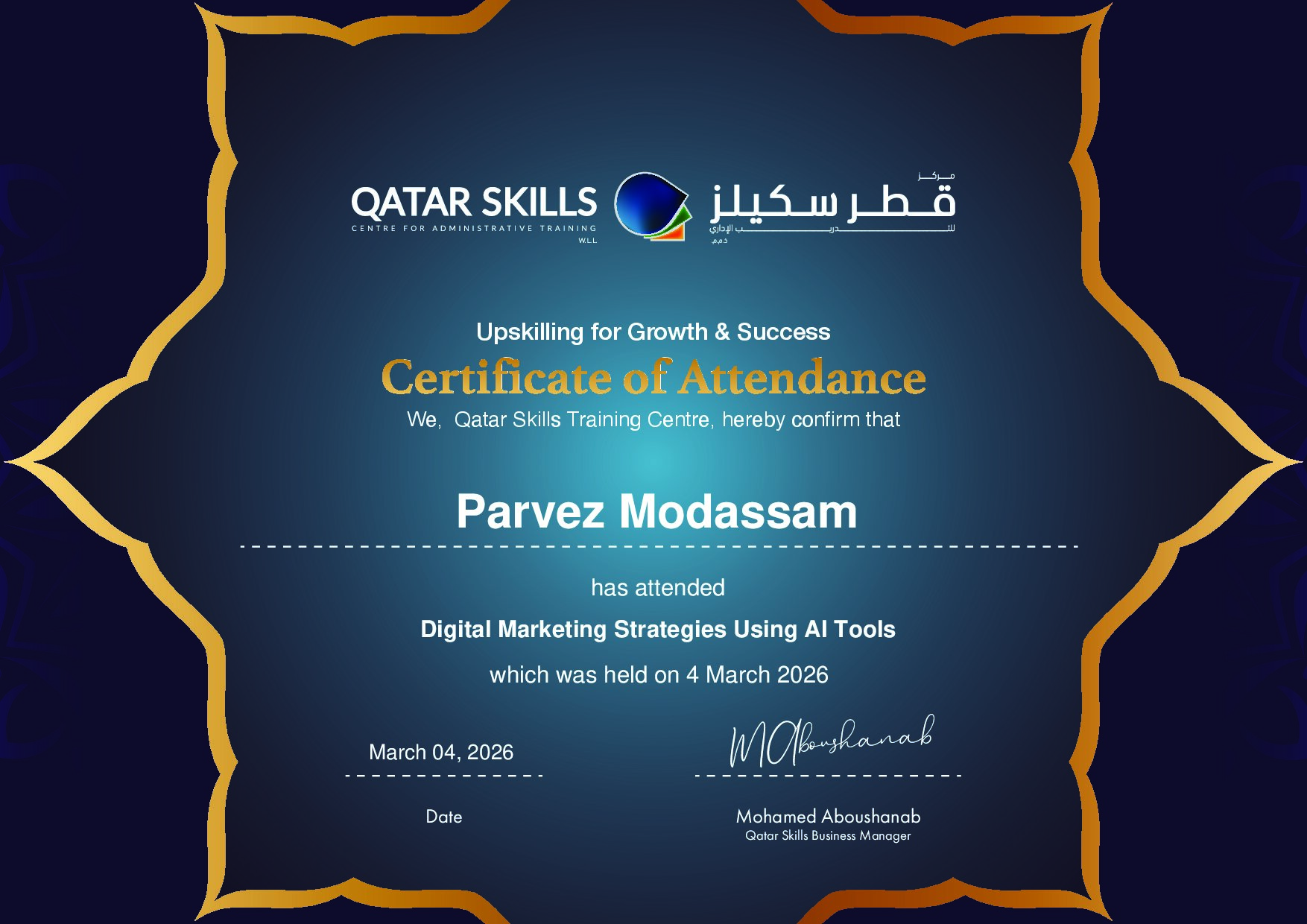 Certificate for Parvez Modassam