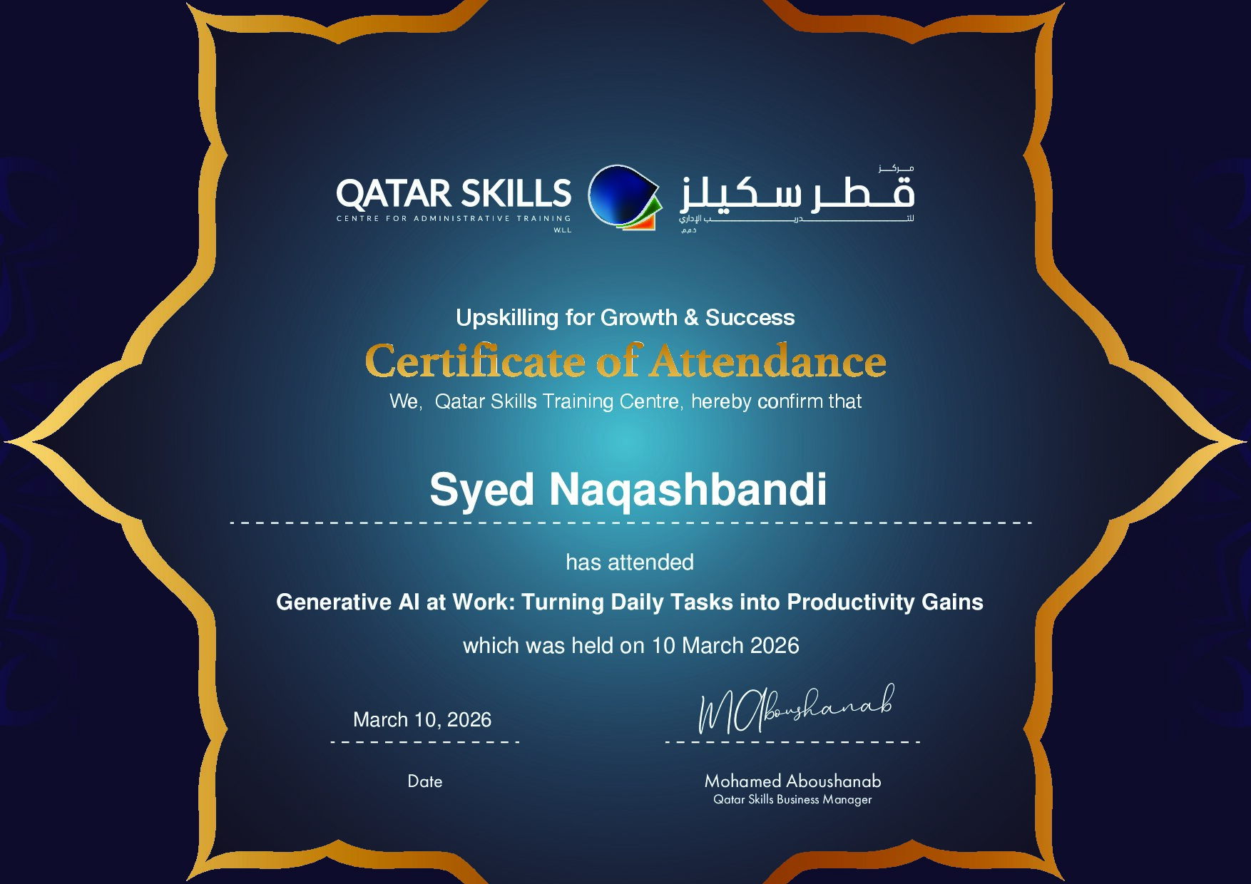 Certificate for Syed Naqashbandi