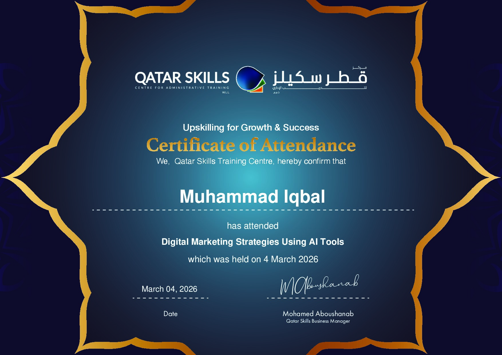 Certificate for Muhammad Iqbal