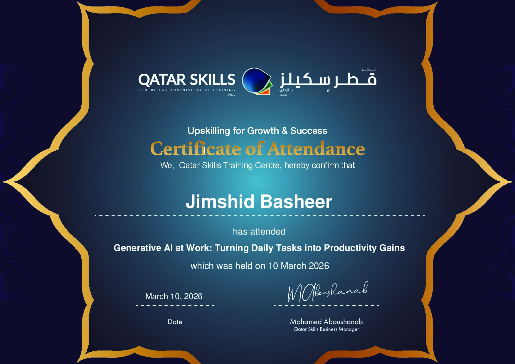 Certificate for Jimshid Basheer