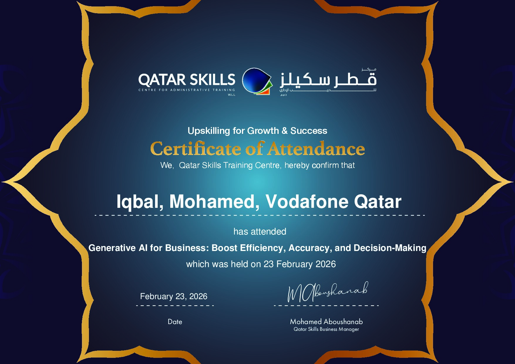 Certificate for Iqbal, Mohamed, Vodafone Qatar