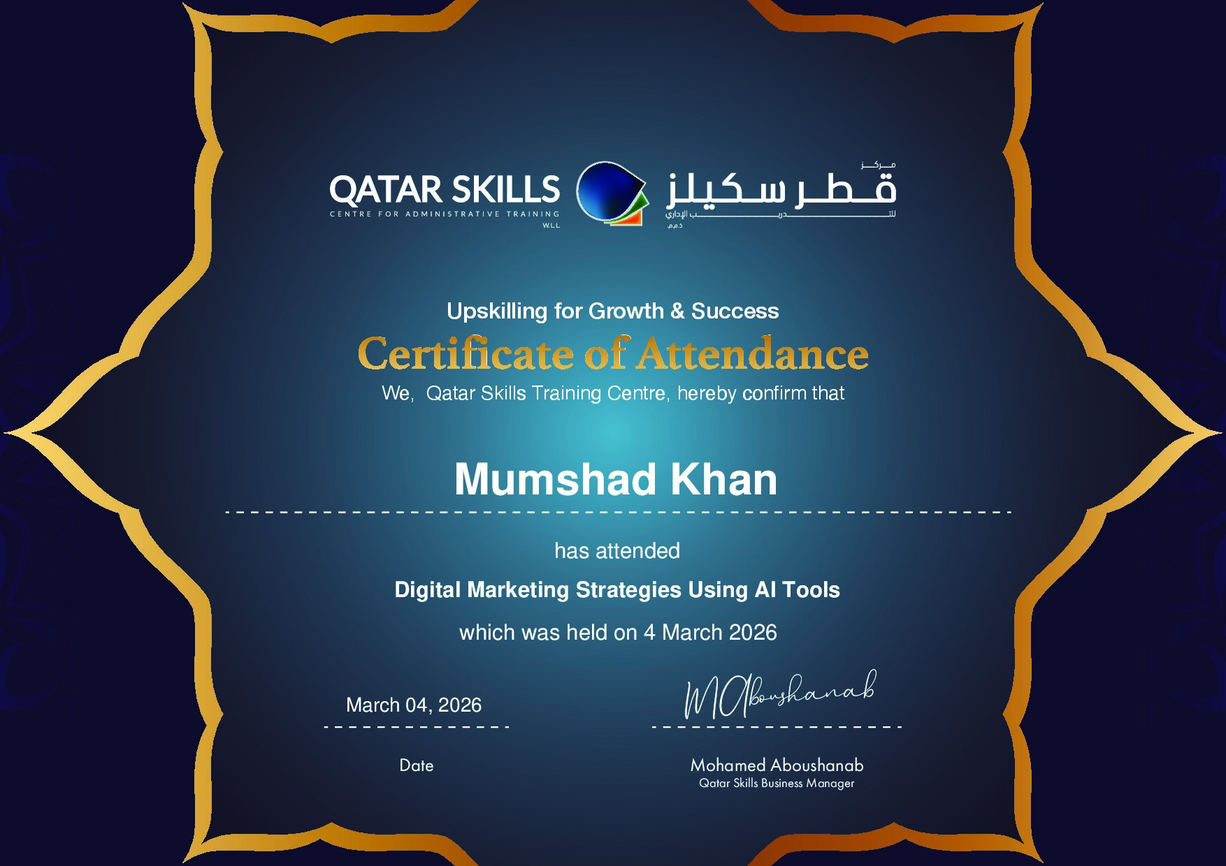 Certificate for Mumshad Khan