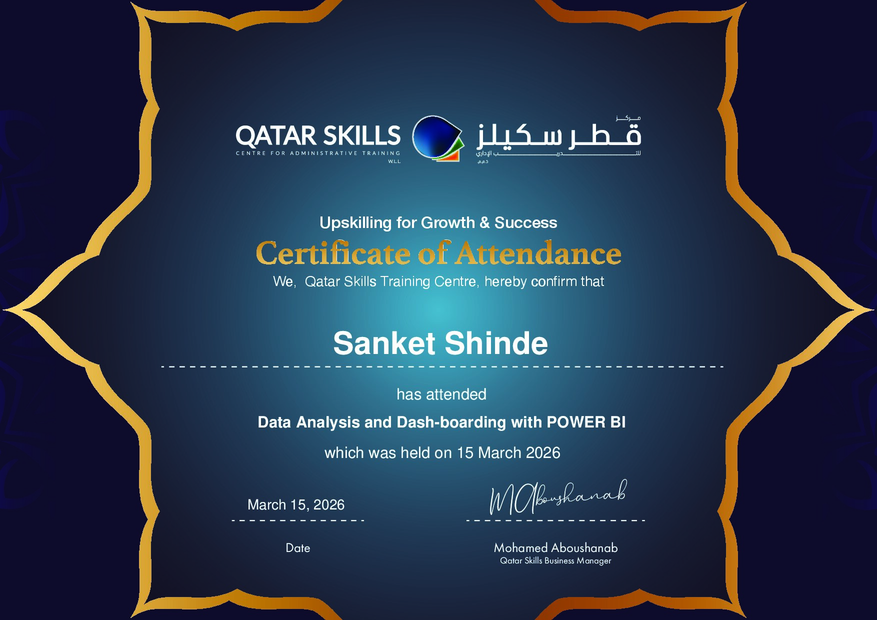 Certificate for Sanket Shinde