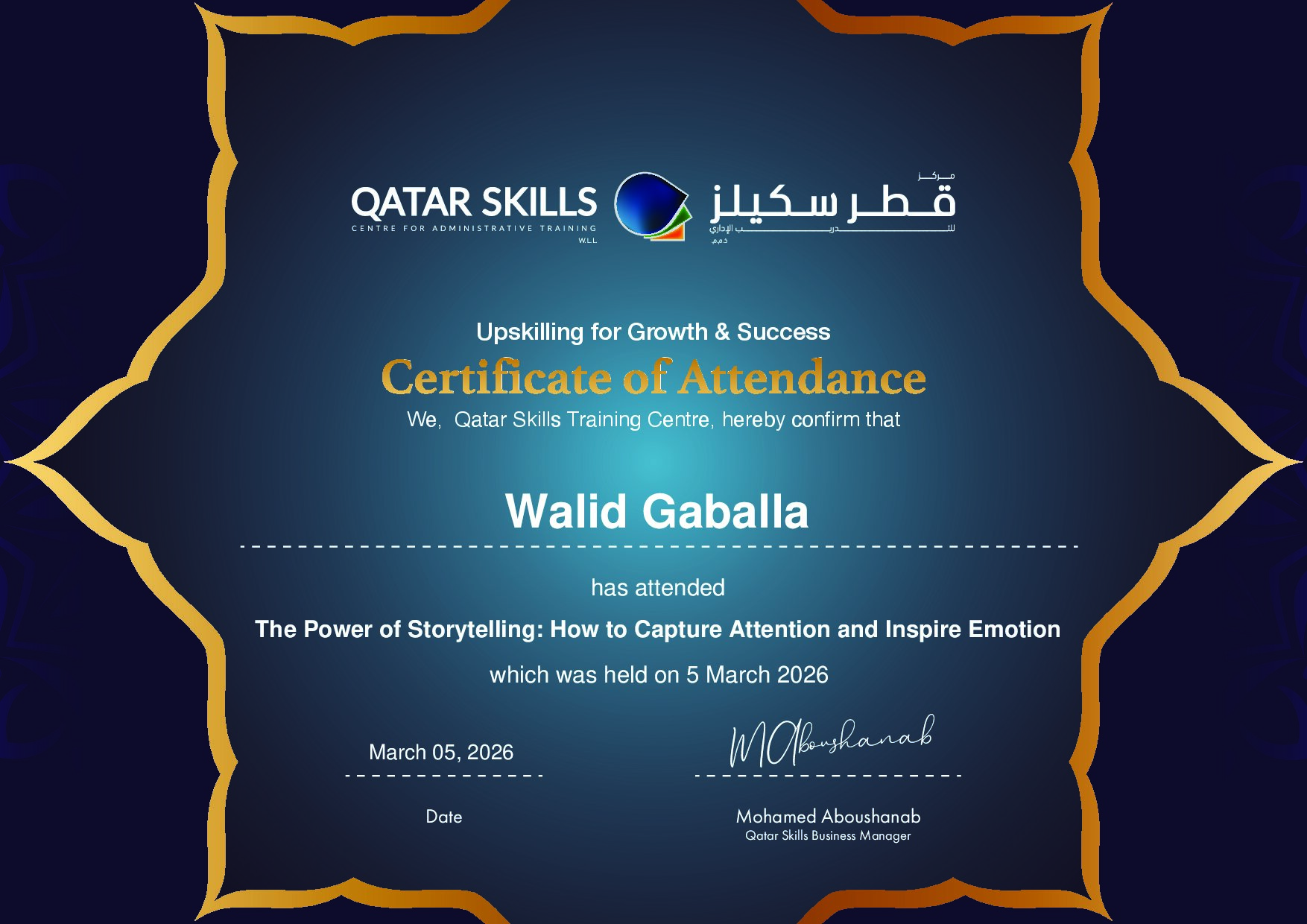 Certificate for Walid Gaballa