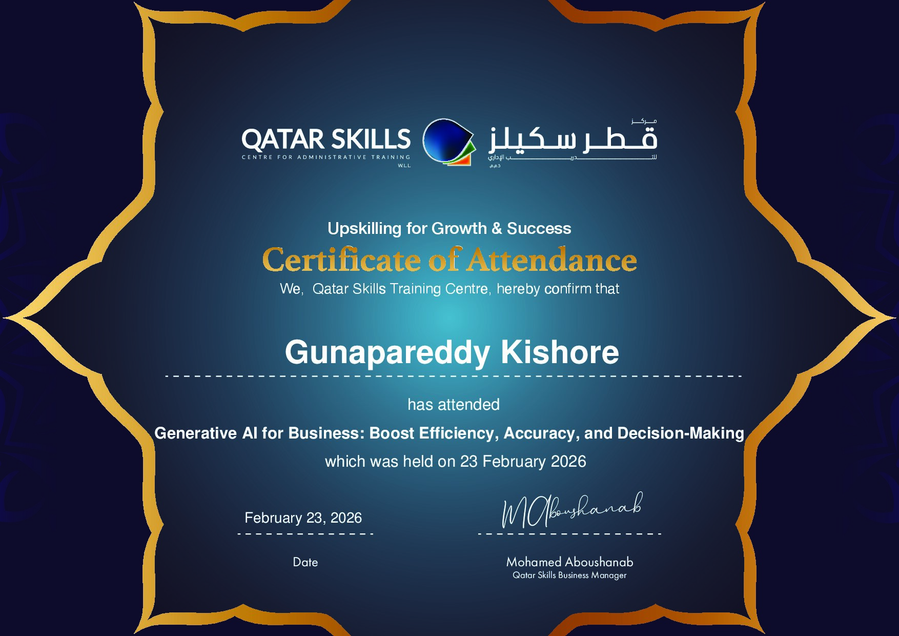 Certificate for Gunapareddy Kishore