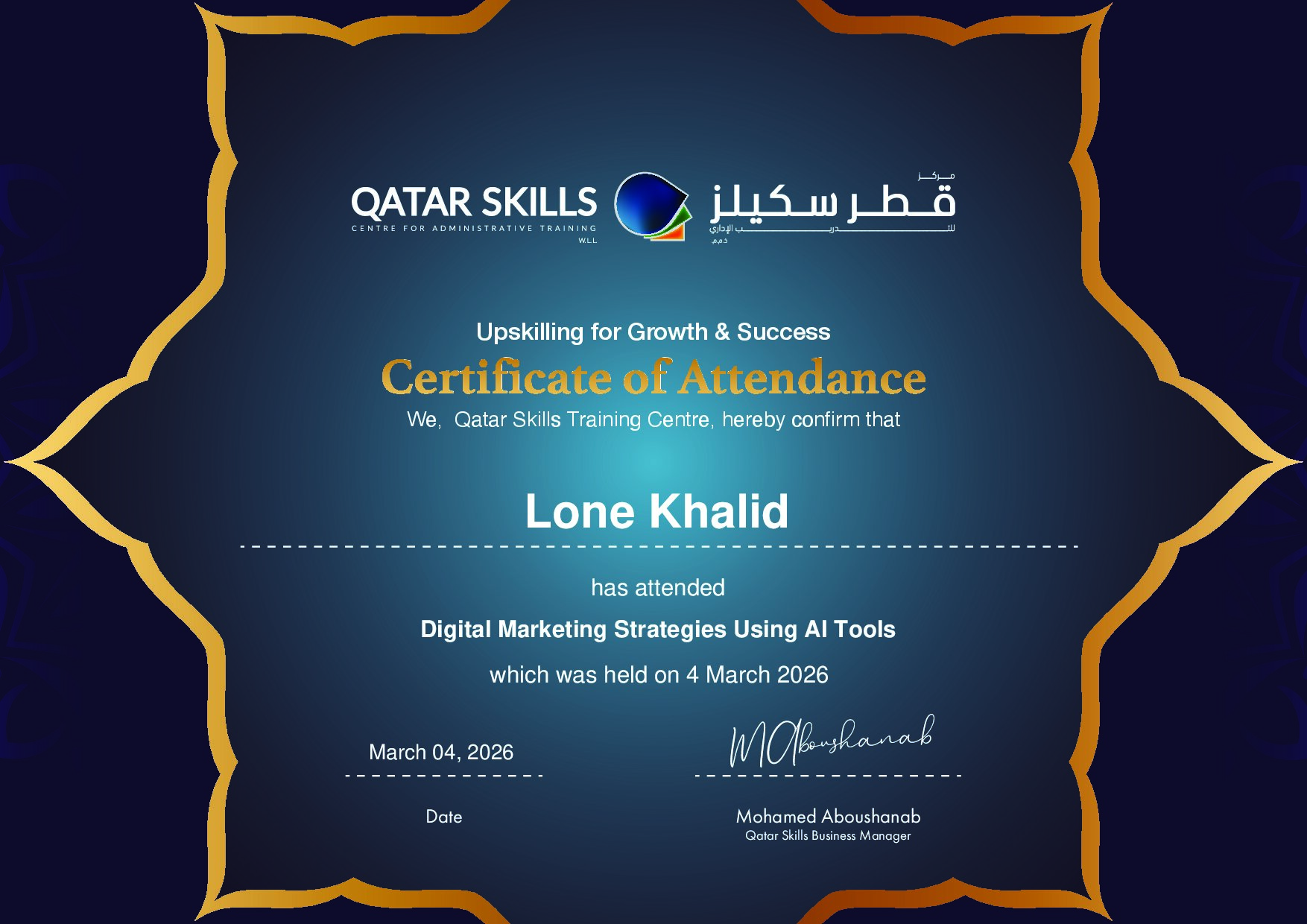 Certificate for Lone Khalid