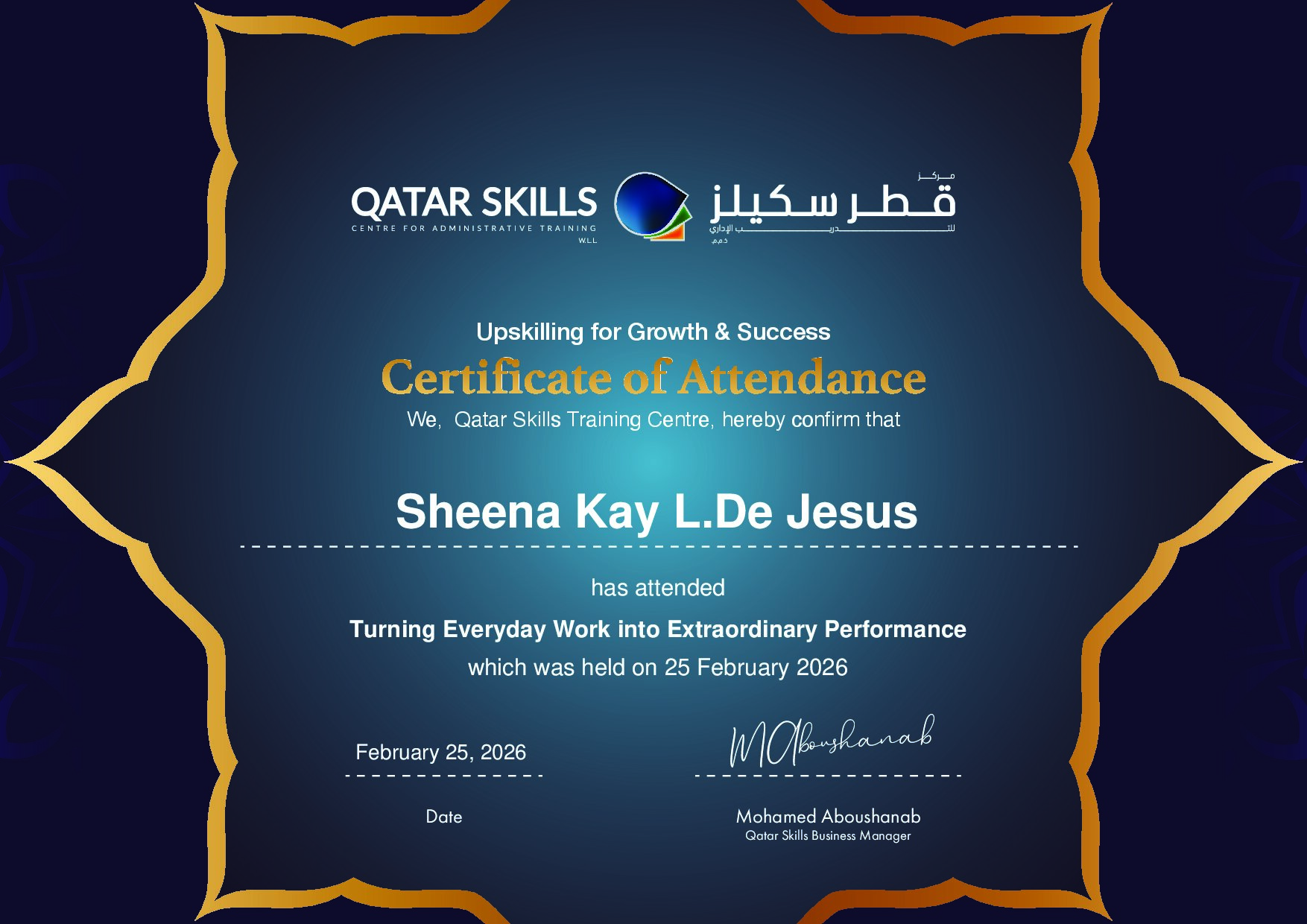 Certificate for Sheena Kay L.De Jesus