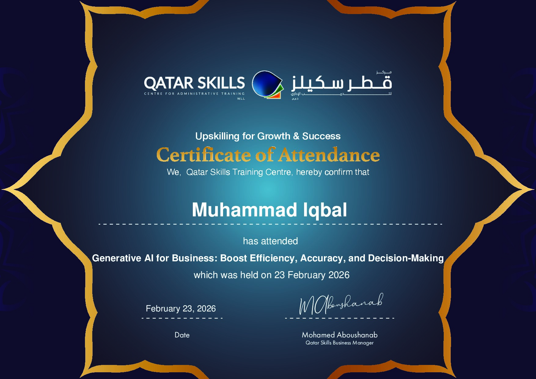 Certificate for Muhammad Iqbal