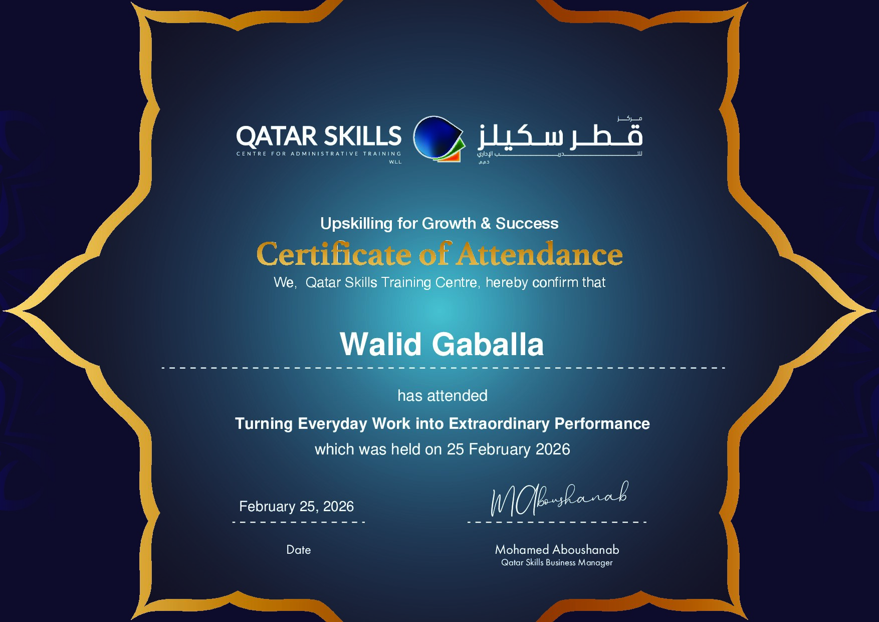 Certificate for Walid Gaballa