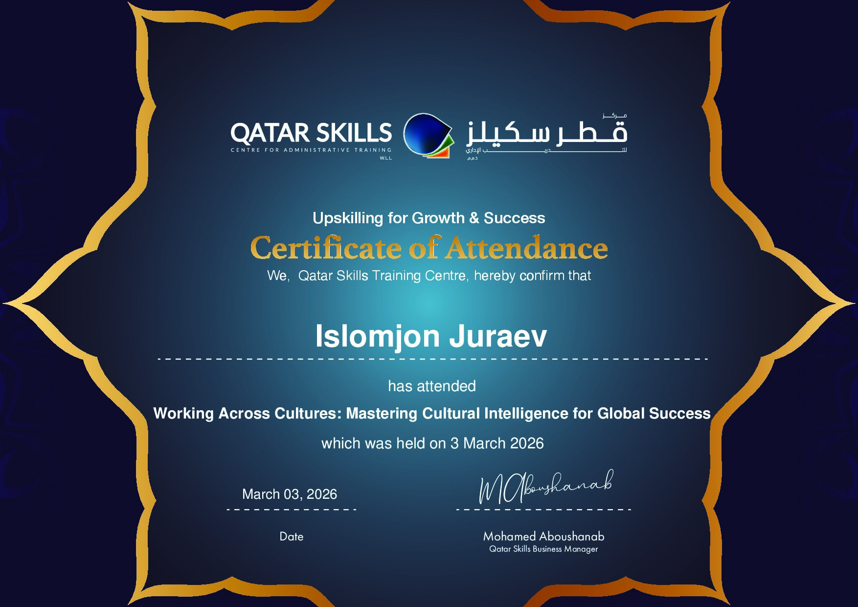 Certificate for Islomjon Juraev