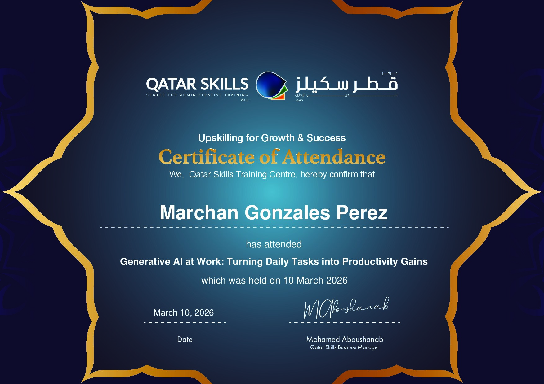 Certificate for Marchan Gonzales Perez