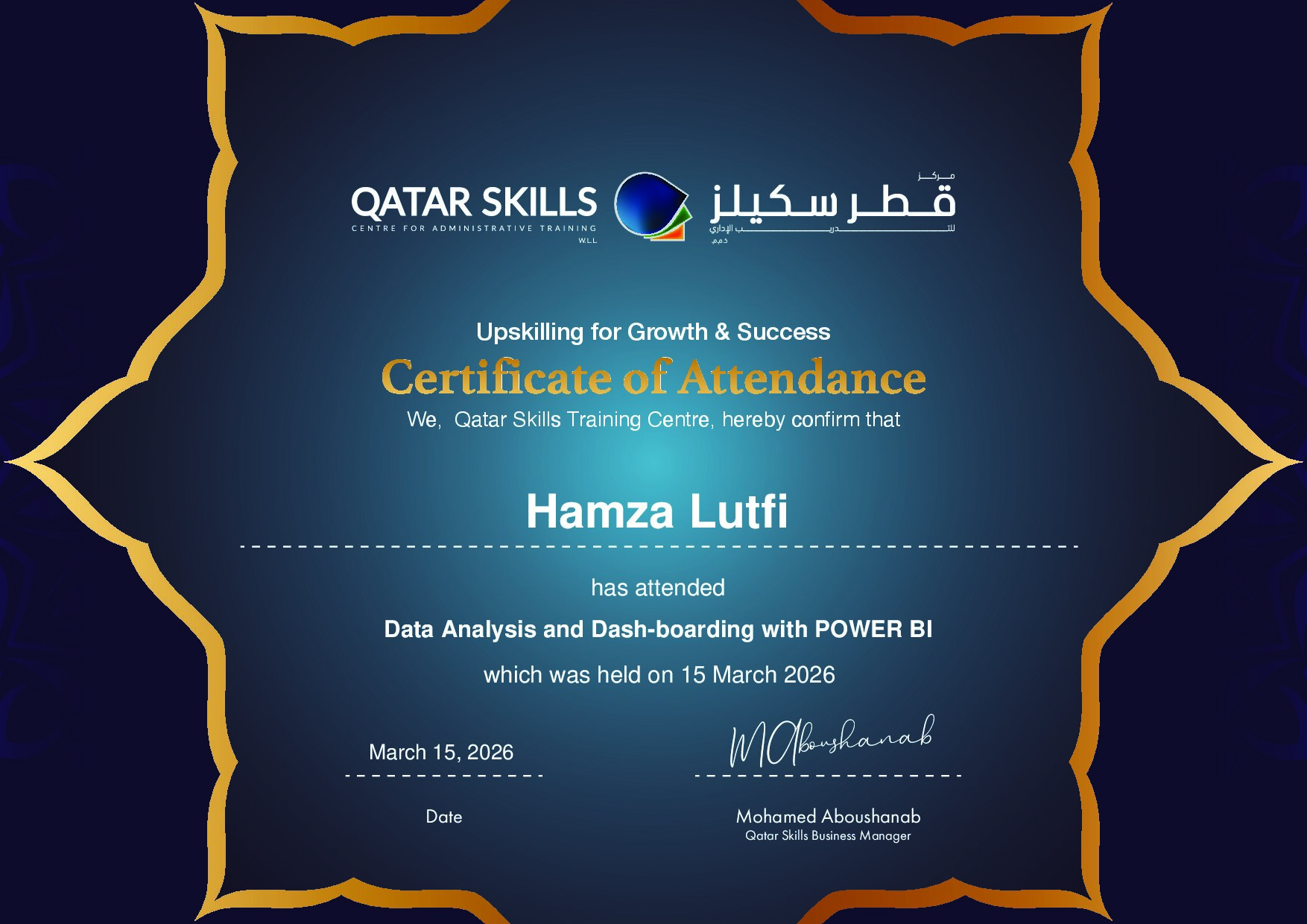 Certificate for Hamza Lutfi